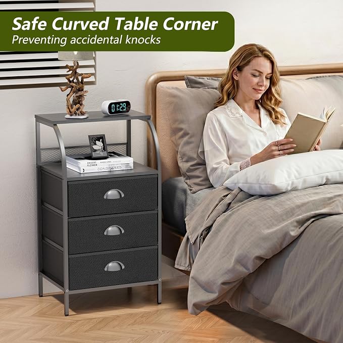 Night Stand Set 2, Nightstand with 3 Fabric Drawers and 2-Tier Shelf, Small Dresser Organizer, Bedside Table with Storage, End Table for Bedroom, Steel Frame, Wood Top, Black