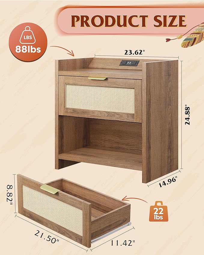 WLIVE Rattan Nightstands Set of 2, Night Stand Sets with Charging Station, Boho Bed Side Table with Storage Drawer and Open Shelf, End Tables Bedroom, Natural Oak