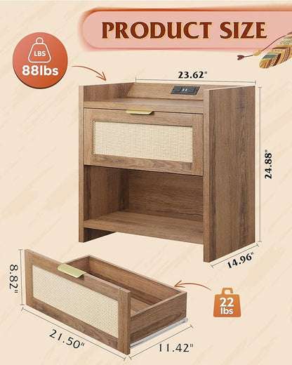 WLIVE Rattan Nightstands Set of 2, Night Stand Sets with Charging Station, Boho Bed Side Table with Storage Drawer and Open Shelf, End Tables Bedroom, Natural Oak