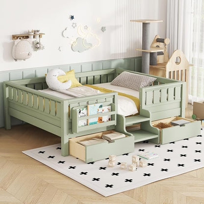 Bellemave Full Kids Montessori Bed with Stairs, Bookshelf and Drawers, Solid Wood Kids Bed Frame with Storage for Boys Girls, Low Profile,Green