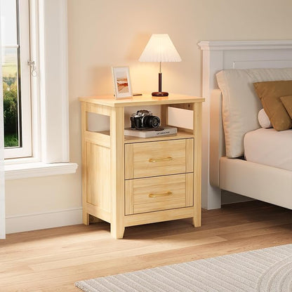Decofy Farmhouse Nightstand with Charging Station, Modern End Tables with 2 Drawers & Open Shelf, Outlets, USB Ports and Type-C Ports, Wood Rustic Nightstands for Bedroom (2 Pack, Oak)
