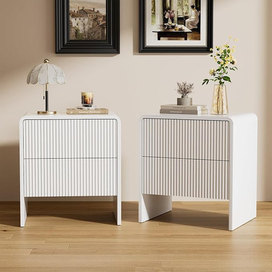 Furniway Set of 2 Modern Curved Nightstand with 2 Drawers, Push-to-Open Wooden Bedside Table, Minimalist End Table for Bedroom, White
