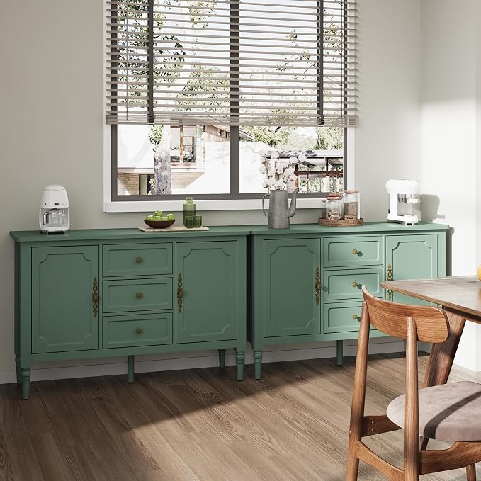 FansaFurn Green Storage Cabinet, Mid-Century Buffet Cabinet with 2 Doors & 3 Drawers, Accent Sideboard Cabinet with Adjustable Shelves & Turned Legs, Great for Entryway, Living Room, Dining Room