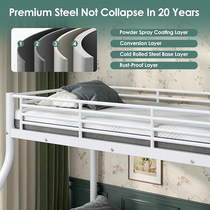Bunk Beds Twin XL Over Full Size with 6" Mattresses Included, All-in-One Bunk Bed for Kids/Adults, Heavy Duty Sturdy Frame with Ladder Guardrail, with Memory Foam Mattresses, White