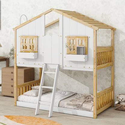 Twin over Twin House Bunk Bed with Roof,Windows,Door,Window Boxes,Safety Guardrails & Ladder,Pine Wood Frame,Low-Height Kids Bunk Beds for Bedrooms,Playful Loft Bed with Easy Assembly, Natural+White