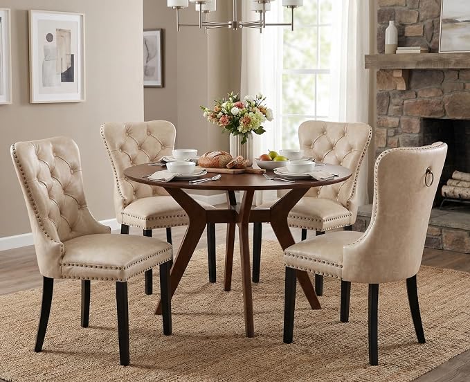 CIMOTA Beige Leather Dining Chairs Set of 2 Mid Century Modern Dining Room Chairs Tufted Upholstered Kitchen Dining Chairs Comfortable Side Chairs with Nailhead Trim/Ring Back (PU /2PCS)