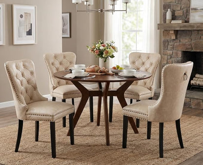 CIMOTA Beige Leather Dining Chairs Set of 2 Mid Century Modern Dining Room Chairs Tufted Upholstered Kitchen Dining Chairs Comfortable Side Chairs with Nailhead Trim/Ring Back (PU /2PCS)