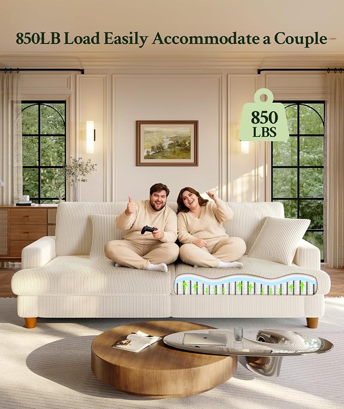 Welzona 87.2" Couches for Living Room, Comfy U Shaped Couch Beige 7.5" Thicker Cushion, Sofas for Living Room Tool-Free Setup, Loveseat with Ottoman 848lbs Support, Corduroy Couch for Bedroom, Office