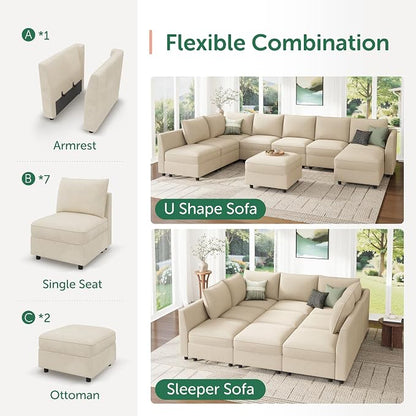 HONBAY Modular Sectional Sleeper Sofa with Storage, Modular Convertible Sectional Couch Bed Module Sleeper Couches for Living Room - Beige
