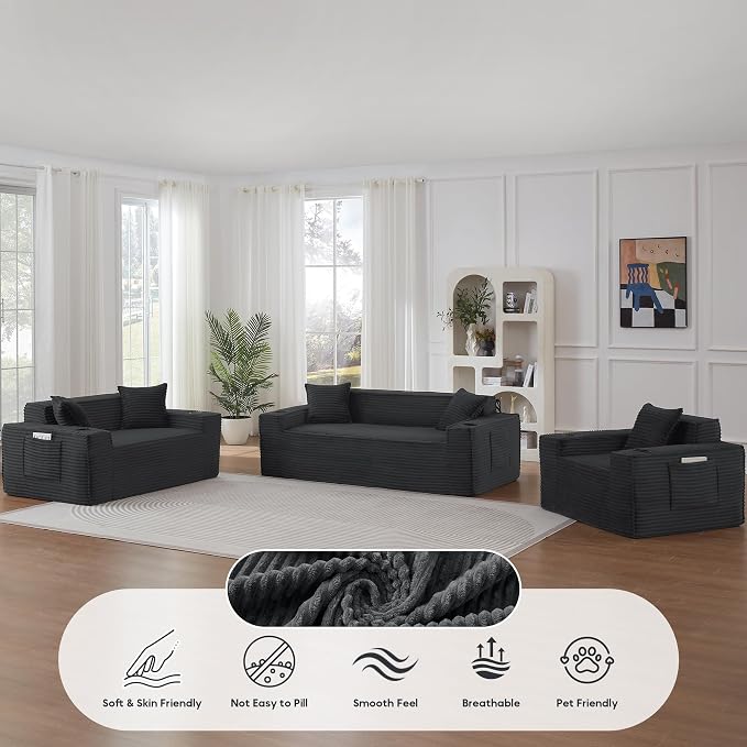 Boneless Sectional Sofa 3 Piece Set with Cup Holders & Side Pockets, Modern Corduroy Fabric Deep Seat Cloud Couch Living Room, Office, No Assembly (Grey)