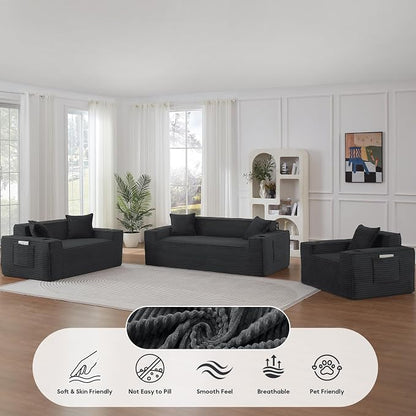 Boneless Sectional Sofa 3 Piece Set with Cup Holders & Side Pockets, Modern Corduroy Fabric Deep Seat Cloud Couch Living Room, Office, No Assembly (Grey)