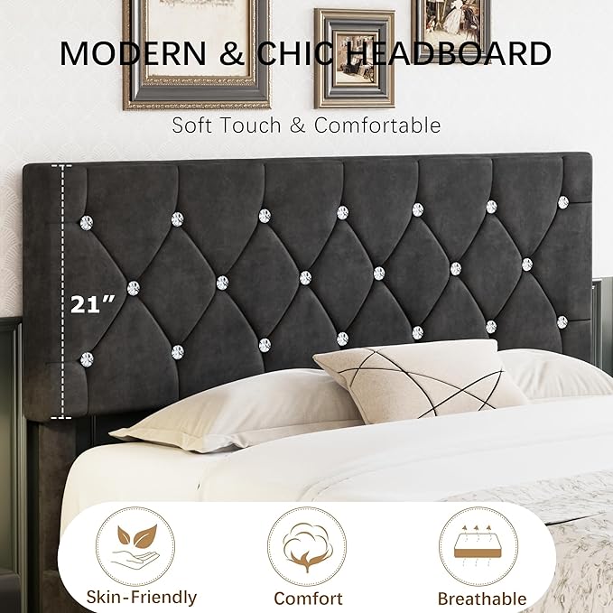 VECELO Queen Size Bed Frame, Upholstered Platform with Adjustable Diamond Tufted Headboard, Wood Slat Support, No Box Spring Needed, Velvet & Black
