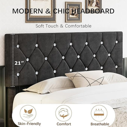 VECELO Queen Size Bed Frame, Upholstered Platform with Adjustable Diamond Tufted Headboard, Wood Slat Support, No Box Spring Needed, Velvet & Black