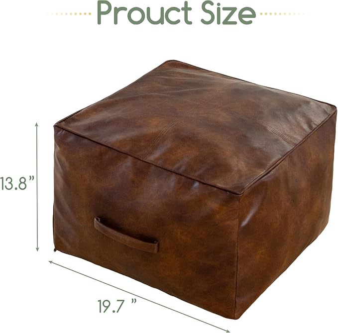 HIGOGOGO Square Stuffed Pouf Ottoman, Pu Leather Poufs with Foam Chunk Filling, Furry and Fluffy Pouf Foot Stool Storage Ottoman,20 X 14 Inches Floor Poufs Foot Rest for Living Room, Dark Brown