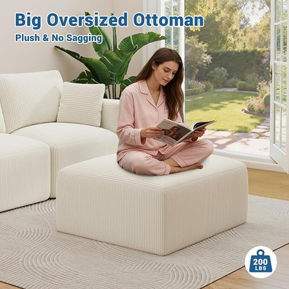 40" Oversized Large Square Corduroy Ottoman Pouf - Poofy Plush Foot Rest with Foam Chunk Filling, Movable Floor Pouf Footstool & Ottoman Coffee Table for Living Room Couch Bedroom, Beige (2 Pieces)