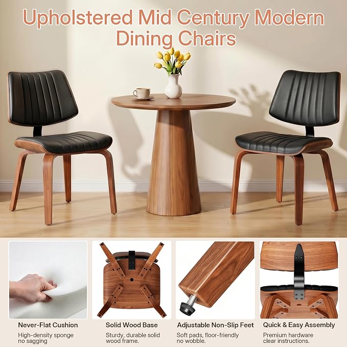 Armless Dining Chairs Set of 2, Walnut Black | Set of 2 premium armless chairs with ergonomic walnut bentwood back and high-density foam padding for superior comfort