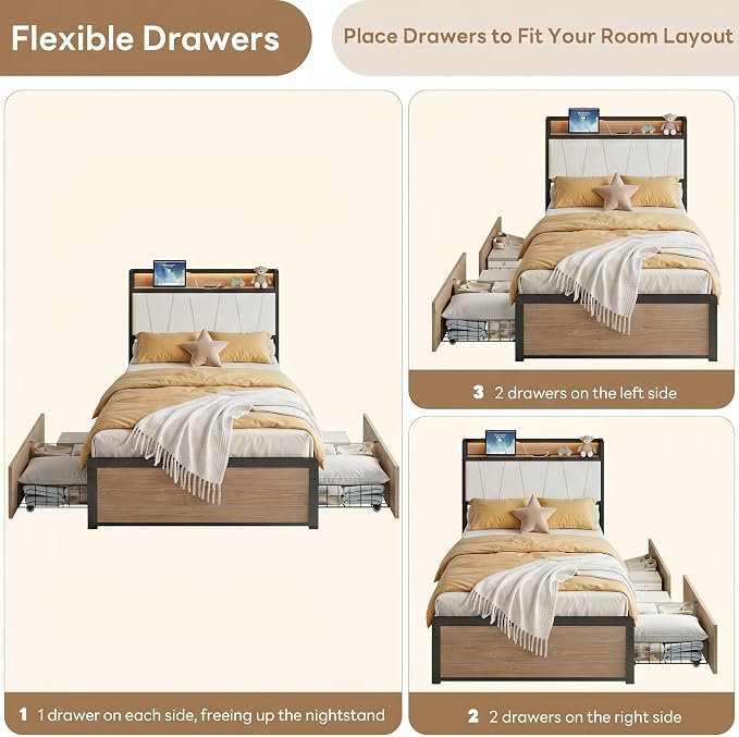 LIKIMIO Twin XL Bed Frame with 2 Storage Drawers, Charging Station & LED Lights, Twin XL Bed with Boucle Upholstered Headboard, Strong Metal Slats, No Box Spring Needed, Easy Assembly, Wood/Cream