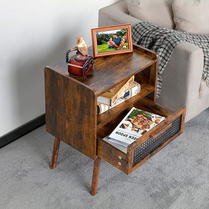 Lerliuo Rattan Nightstand, Boho Side Table with Drawer Open Shelf, Cane Accent Bedside End Table with Solid Wood Legs for Bedroom, Dorm and Small Spaces (Brown)