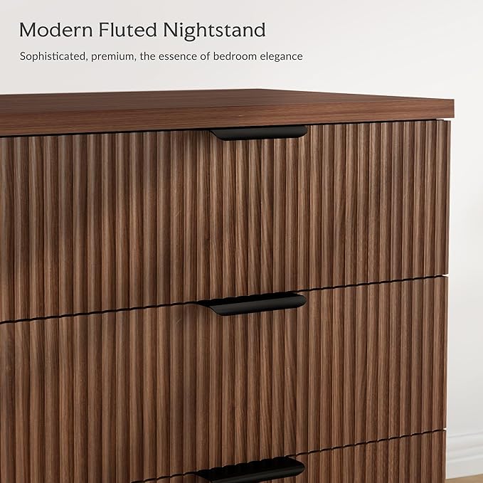 25.6"W Fluted Nightstand with 3 Drawer, Mid-century Modern Wood Night Stands Bedside Table for Bedroom King/Queen Bed, End Table with Robot-friendly Legs for Living Room,Entry (3 Drawers-1pcs-Walnut)