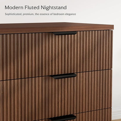25.6"W Fluted Nightstand with 3 Drawer, Mid-century Modern Wood Night Stands Bedside Table for Bedroom King/Queen Bed, End Table with Robot-friendly Legs for Living Room,Entry (3 Drawers-1pcs-Walnut)