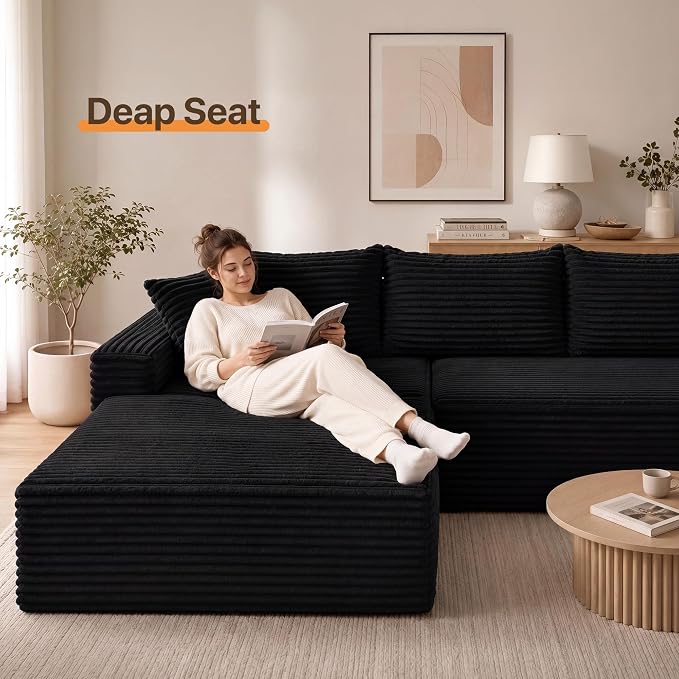 Claiks 94" Boneless Couch, Cloud Couch Sectional, U-Shape Corduroy Modular Sectional Sofa Deep Seat, Upholstered Couches for Living Room, No Assembly Required, Black
