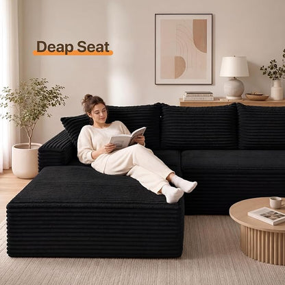 Claiks 94" Boneless Couch, Cloud Couch Sectional, U-Shape Corduroy Modular Sectional Sofa Deep Seat, Upholstered Couches for Living Room, No Assembly Required, Black