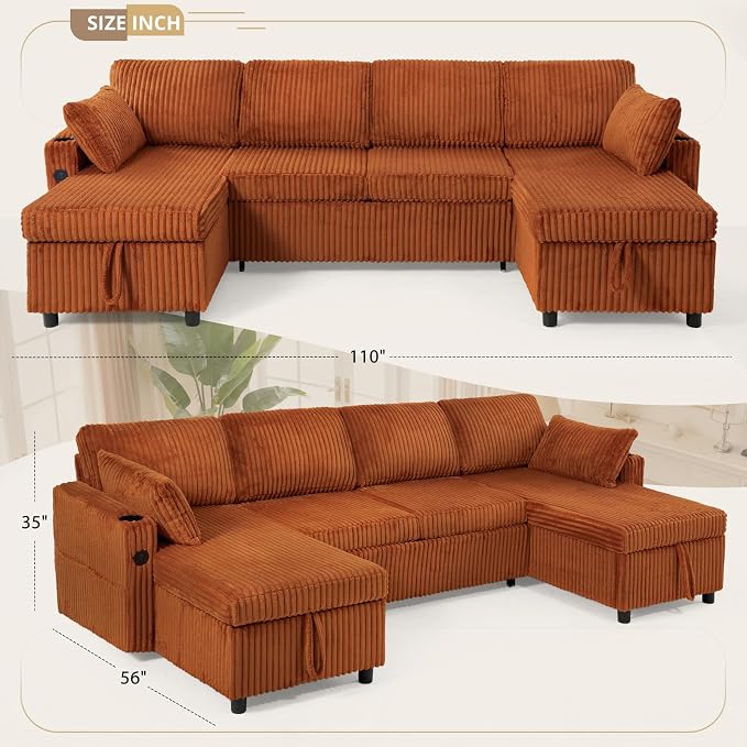 110" Corduroy U-Shape Sofa Bed with Adjustable Backrests, Upholstered Pull Out Sofa Bed with USB Ports, Convertible Sectional Sleeper Couch with Storage Chaise for Living Room, House, Orange
