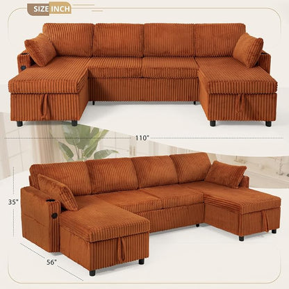 110" Corduroy U-Shape Sofa Bed with Adjustable Backrests, Upholstered Pull Out Sofa Bed with USB Ports, Convertible Sectional Sleeper Couch with Storage Chaise for Living Room, House, Orange