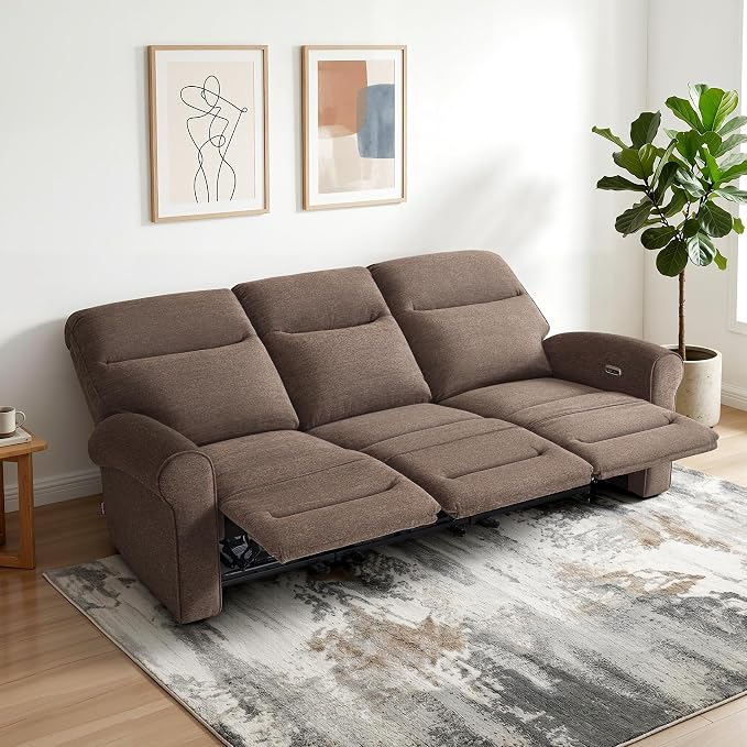 MCombo 87.8" Wall Hugger Power Reclining Sofa, 3-Seat Triple Recliner Couch with USB Ports, Rolled Arm Space Saving Recliner Sofa for Living Rooms Apartments RV, Fabric PR635M5 (Dark Brown)