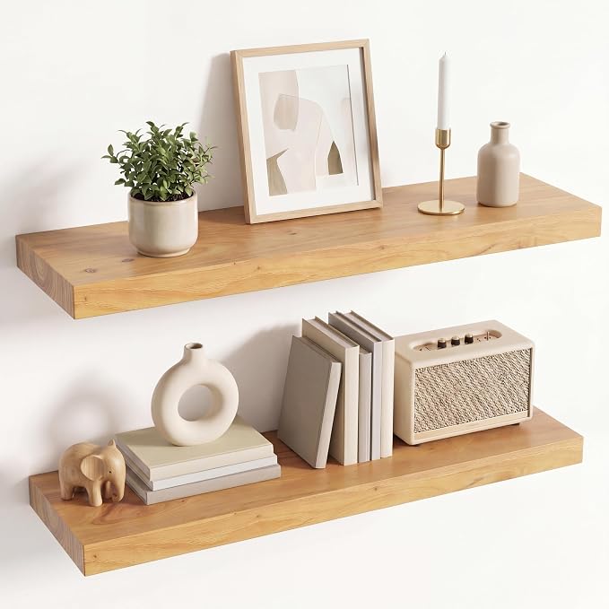 Venusmiles Elm Floating Shelves for Wall Decor, Rustic Solid Wood Shevles Wall Mounted with Invisible Bracket for Living Room Bathroom Bedroom Kitchen, 30 Inch Set of 2, Natural
