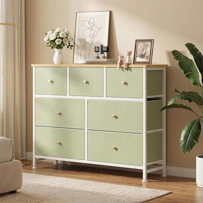 OLIXIS 7 Drawer Dresser for Bedroom, Tall Fabric Storage Tower with Sturdy Steel Frame and Wooden Top, Large Dresser for Living Room Entryway with Easy Pull Fabric Bins,Light Green