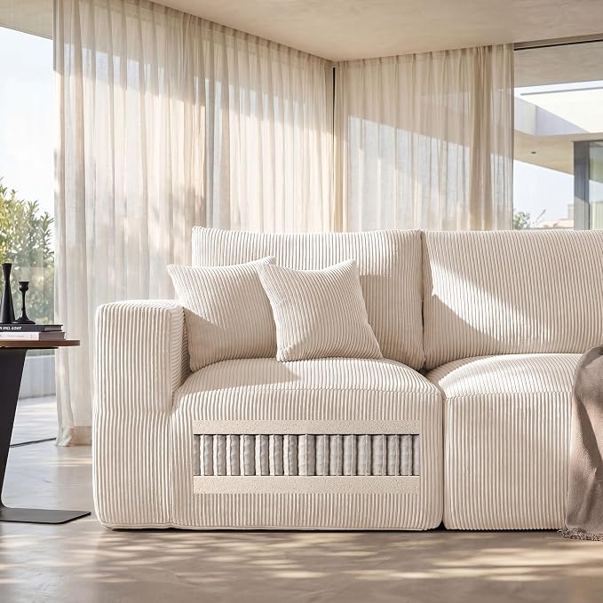 Living&Giving 115" Modular Cloud Boneless Couch, U Shaped Sectional Sofa with Chaise, Corduroy Floor Couch for Living Room, High-Density Foam & Firm Lumbar Support for Apartment, Beige