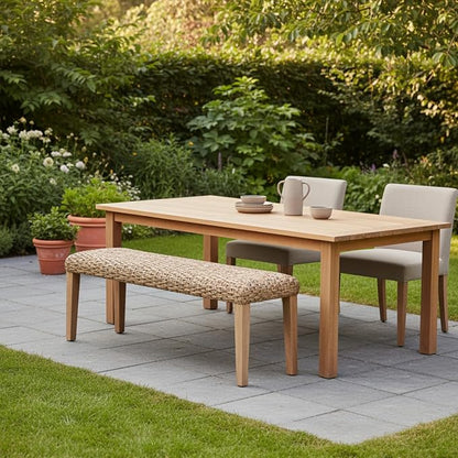 Outdoor Backless Bench, All-Weather Wicker & Solid Acacia Wood, Premium Garden Bench with Woven Rattan Seat and Thick Outdoor Cushion for Patio, Porch, Living Room or Entryway (Natural, PE Wicker)