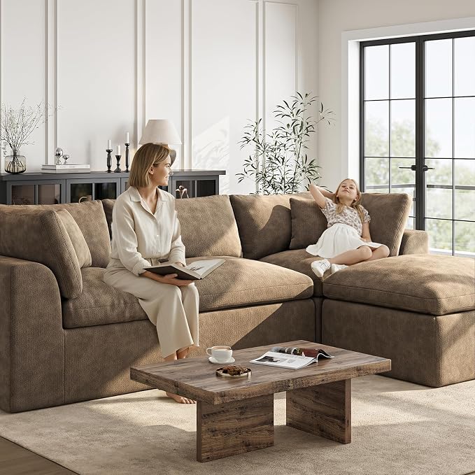 Cloud Sectional Couches for Living Room | 144 Inch L-Shaped Boneless Couch with Ottoman | Brown Modular Sectionals Sofa Couch