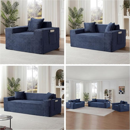 Boneless Sectional Sofa Couch with Cup Holders & Side Pockets, Modern Corduroy Fabric Deep Seat 3-seat Cloud Couch for Living Room Office, No Assembly (Blue)