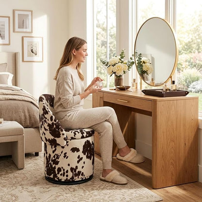 LukeAlon Linen Makeup Ottoman with Storage, Upholstered 360° Swivel Vanity Stool with Foldable Backrest Modern Cylindrical Footrest Stool for Living Room Bedroom, Cow Print