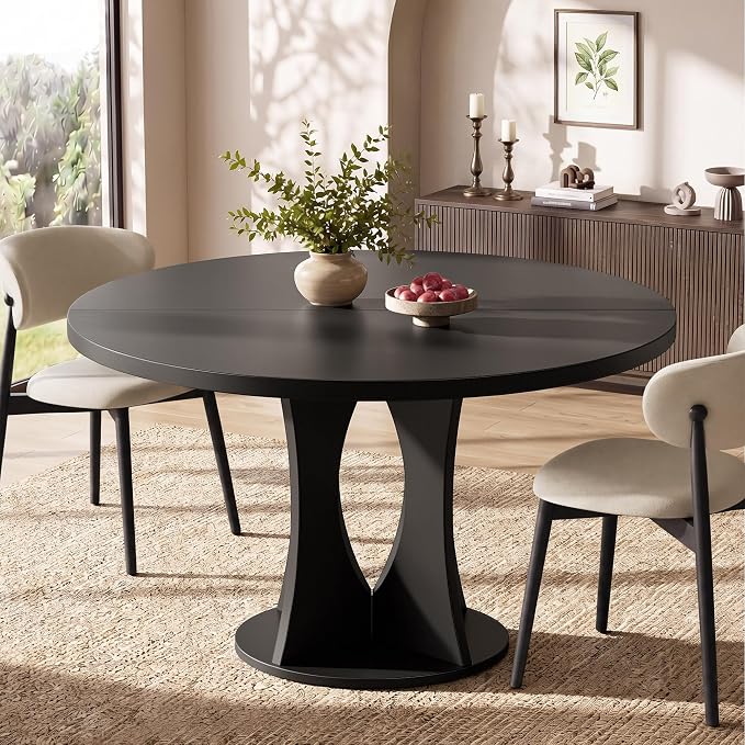 Einhomn 47.2-inch Round Dining Table, Kitchen Table for 4-6, Farmhouse Circle Dining Room Table, Space Saving Wood Kitchen & Dining Room Furniture, Black