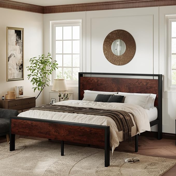 Allewie Queen Size Platform Bed Frame with Wooden Headboard and Footboard, Heavy Duty 12 Metal Slats Support, No Box Spring Needed, Under-Bed Storage, Noise Free, Easy Assembly, Mahogany