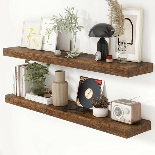 Heimlove 44 Inch Floating Shelves for Wall 8 Inch Deep Rustic Brown Shelves Set of 2,Wall Mounted Rustic Wood Long Floating Shelf，Large Display & Storage Shelf with Invisible Brackets