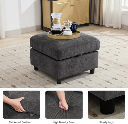 WUTUTUEE 25" Square Storage Ottoman for Modular Couch, Convertible Footrest with Hidden Compartment, Chenille Upholstered Coffee Table & Extra Living Room Seating, Dark Grey