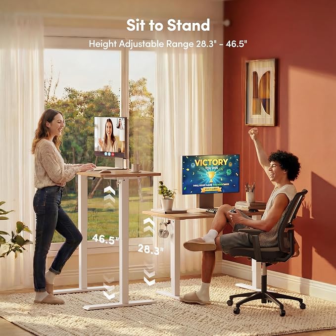 FEZIBO Small Standing Desk, 32 × 19 Inches Electric Height Adjustable, Sit and Stand Up, Computer Office Desk with Splice Board, White Frame/Maple Top