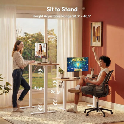 FEZIBO Small Standing Desk, 32 × 19 Inches Electric Height Adjustable, Sit and Stand Up, Computer Office Desk with Splice Board, White Frame/Maple Top