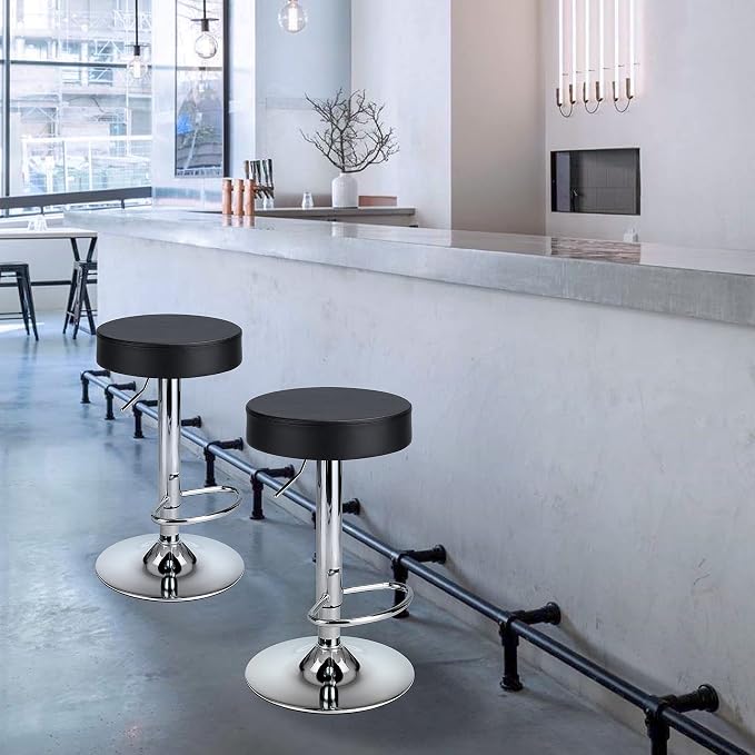 Finnhomy Bar Stools Set of 2 Modern PU Leather, Swivel Barstools with Footrest and Backless Round, Counter Height Adjustable Modern Counter stools for Kitchen, Black