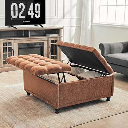 Redlife 35 Inch Large Square Storage Ottoman, Storage Ottoman Coffee Table with Lift Top Faux Leather Ottomans Square Footrest Oversized Upholstered Coffee Table for Living Room (Brown Leathaire)