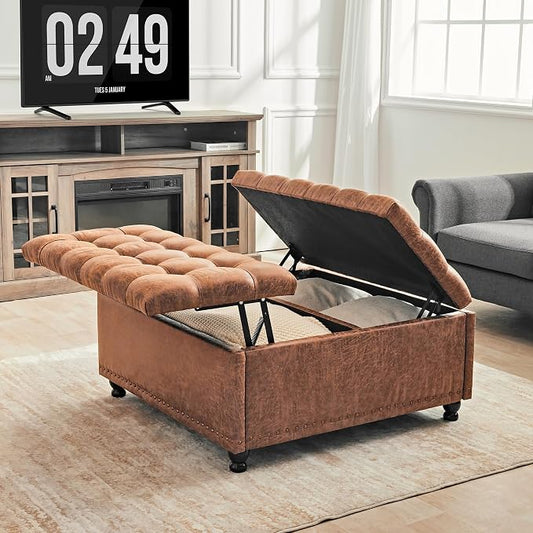 Redlife 35 Inch Large Square Storage Ottoman, Storage Ottoman Coffee Table with Lift Top Faux Leather Ottomans Square Footrest Oversized Upholstered Coffee Table for Living Room (Brown Leathaire)