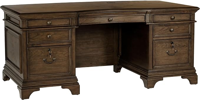 Pemberly Row Executive Desk, 72" W x 39" D x 31.25" H, Burnished Oak Finish, Wood Construction, Lockable File Cabinets, Felt-Lined Drawers, Bronze Hardware, Traditional Home Office Desk for Workspace