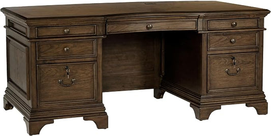 Pemberly Row Executive Desk, 72" W x 39" D x 31.25" H, Burnished Oak Finish, Wood Construction, Lockable File Cabinets, Felt-Lined Drawers, Bronze Hardware, Traditional Home Office Desk for Workspace
