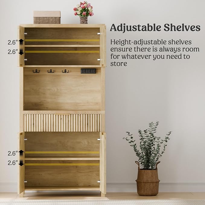 Lulive 71" Fluted Pantry Cabinet with Charging Station, Natrual | Adjustable Shelves, Open Countertop, Drawer, Spacious Kitchen Storage
