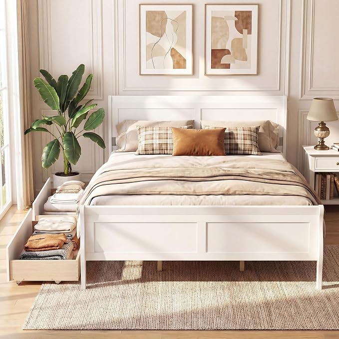 Giantex Queen Bed Frame with 2 Storage Drawers, Wood Platform Bed w/Headboard & Footboard, Wooden Slats Support Mattress Foundation, Sleigh Bedframe for Teens Adults, No Box Spring Needed (White)