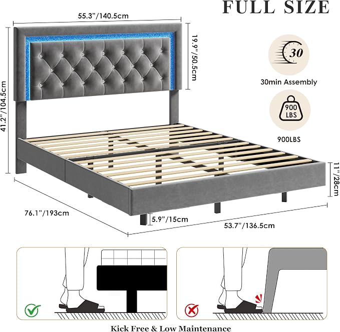 Garvee Floating Bed Frame Full Size with Smart Led Lights, Upholstered Platform Bed with Diamond Headboard, Solid Wood Slats Support, No Box Spring Needed, Noise-Free, Easy Assembly, Grey